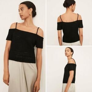 Vince Black Crochet Open Shoulder Tank Knit Top Medium‎ Organic Cotton NWT